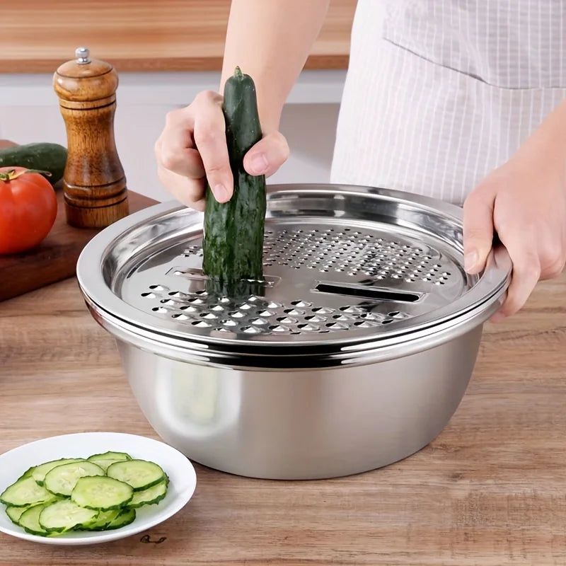 3PC Stainless Steel Kitchen Set | Grinder/Strainer/Bowl Combo with Drain System - Dishwasher Safe for Fruits/Cheese Prep